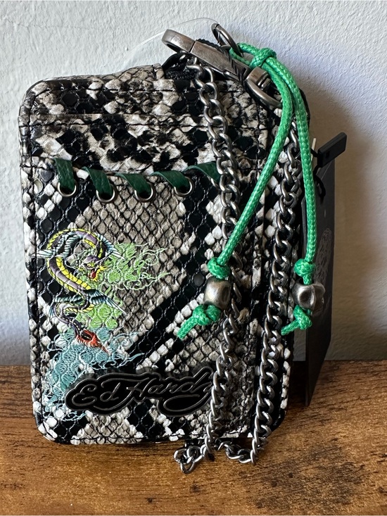 Ed Hardy Handbags - Ed Hardy Black & White Snake-Print Wallet with Silver Chain Wristlet NWT